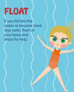 A cartoon picture of a girl floating on her back in the water