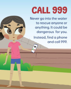 A cartoon image of a girl calling 999 and asking for the coastguard